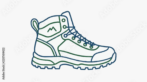 Illustrated hiking boot with rugged sole design.