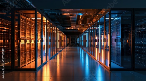 Data center containment aisle split into warm orange and cool blue light between server racks, in a calm cinematic mood
