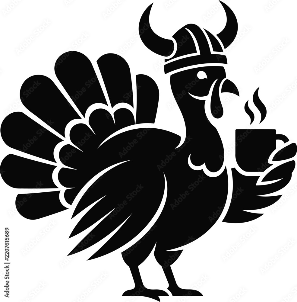Obraz premium Viking Turkey Mascot with Coffee Cup Thanksgiving Silhouette Vector