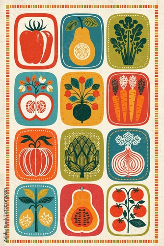 Kitchen tea towel print with a grid of nine folk fruits and flowers, with plenty of empty space for text