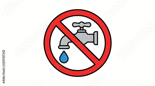 A circular red prohibition sign depicting a water faucet with a drop indicating no water usage.