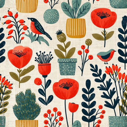 Seamless Scandinavian folk art pattern of tossed botanicals, with a cheerful decorative look