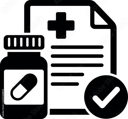 Prescription medicine and verified healthcare document icon