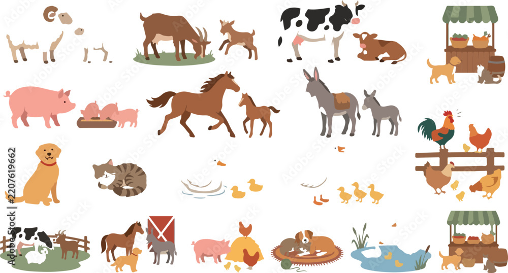 Obraz premium Domestic Farm Animal and Pet Vector Collection Featuring Friendly Livestock and Animal Illustrations
