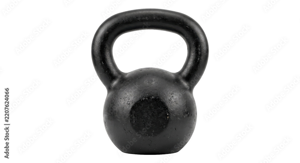 Obraz premium Single black cast iron kettlebell with a textured surface stands upright on a clean white background