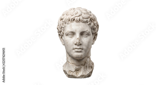 Ancient Roman marble bust of a young man with curly hair, featuring classical style and detailed craftsmanship on a white background
