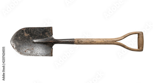 Old, weathered, and dirty metal shovel with a wooden handle, isolated on a clean white background, viewed from a high angle