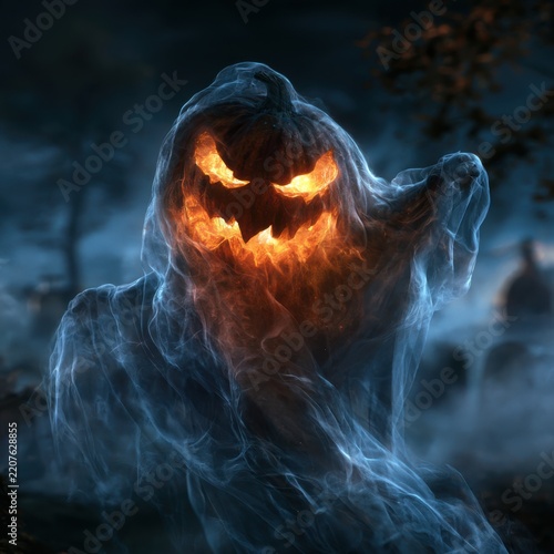 Flowing Ghost With Glowing Pumpkin Head Floating Over Foggy Graveyard. AI Generated Image