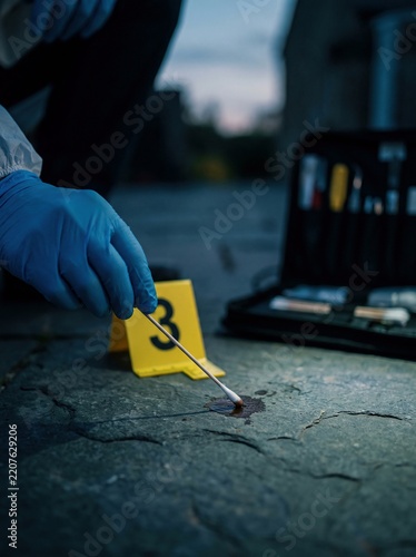 Forensic professional collecting trace evidence with swab from dark stain on ground at night, criminal investigation.