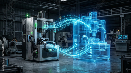 Industrial machine connected to its glowing digital twin wireframe model via streaming binary data lines.