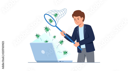 Professional software QA tester catching digital bugs from a laptop with a net flat design vector illustration.