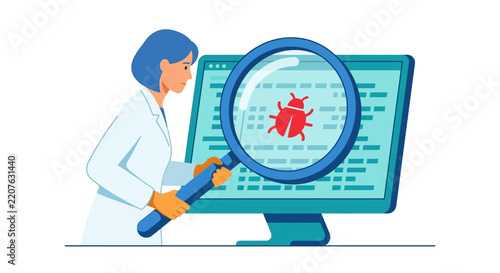 Professional software tester inspecting computer screen with magnifying glass for bugs flat design vector illustration
