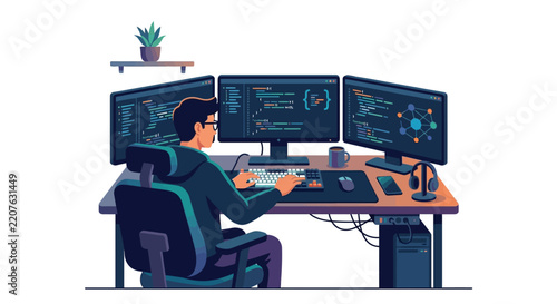 Professional software engineer coding on triple monitor workstation at home office flat design vector illustration.