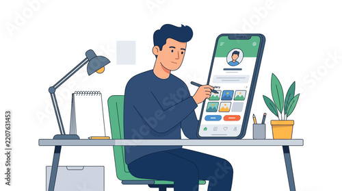 Professional UI UX designer creating mobile application interface on large smartphone screen flat vector illustration