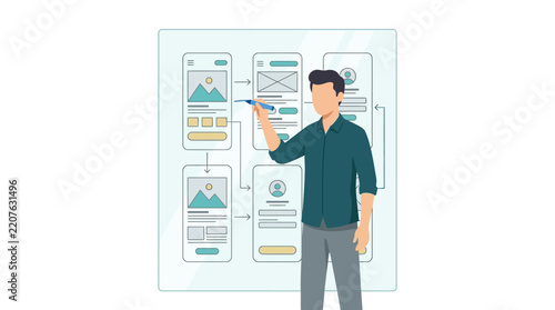 Professional UX Designer Sketching Mobile App Wireframe Interface Flow on Glass Wall Flat Design Illustration