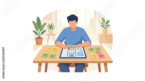 Professional UI UX designer wireframing mobile app interface on tablet at creative workspace flat vector illustration