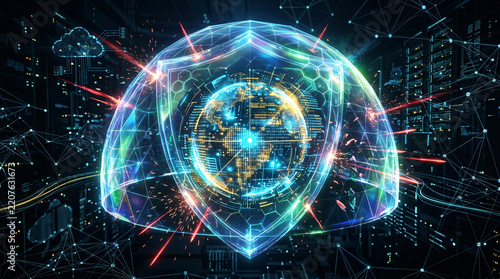 Global cybersecurity shield protecting digital Earth globe and data servers from cyber threats.