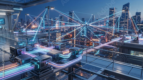 Rooftop edge computing network nodes connected by fiber optics over glowing city skyline.