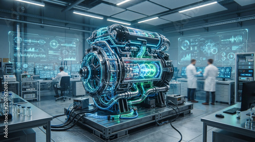Futuristic High-Tech Fusion Power Generator Engine Core with Glowing Energy Circuits in Advanced Research Facility