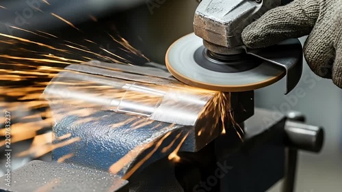 Worker using angle grinder on metal with bright sparks in workshop