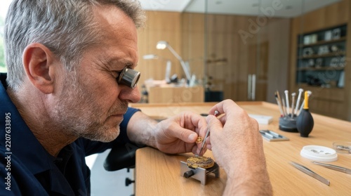 Authentic small business in action. A precise watchmaker uses tweezers and a loupe to adjust a tiny internal gear.