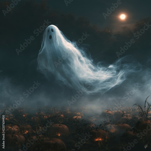 Wispy Ghost Floating Above Foggy Pumpkin Patch Under Moonlit Sky. AI Generated Image