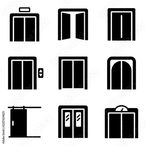 Set of nine elevator and sliding door icons in a minimalist black and white flat design style for architectural wayfinding and app interface design