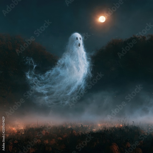 Wispy Ghost Floating Above Foggy Pumpkin Patch Under Moonlit Sky. AI Generated Image