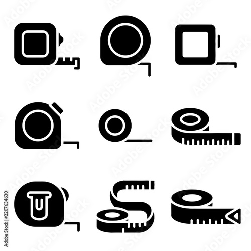 Professional tape measure icon set featuring various retractable and flexible measuring tools for construction and sewing
