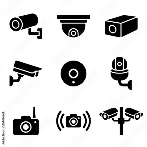 Collection of black security camera icons representing surveillance and safety monitoring systems for private and public protection