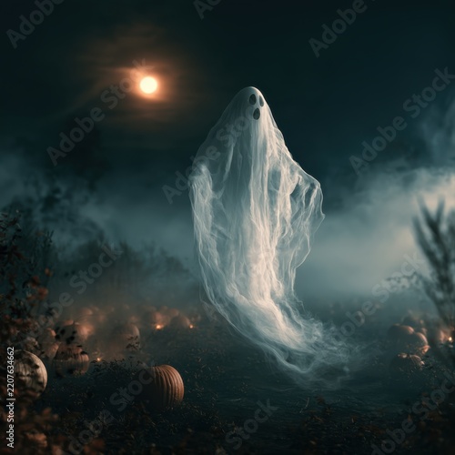 Wispy Ghost Floating Above Foggy Pumpkin Patch Under Moonlit Sky. AI Generated Image
