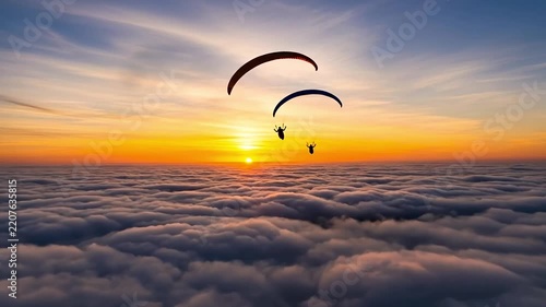 Paragliders soaring above clouds during a vibrant sunset