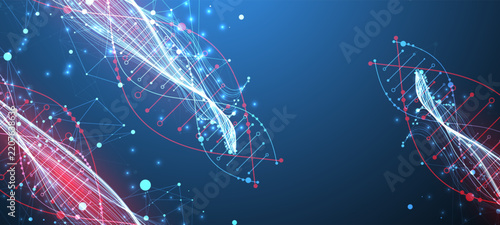 Abstract digital technology background with DNA helix structure and glowing neon light waves. Vector illustration.