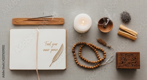 Inner Peace Ritual: A serene arrangement of spiritual items including a lit candle, incense, mala beads, and a journal with the inspiring phrase Find your inner peace.