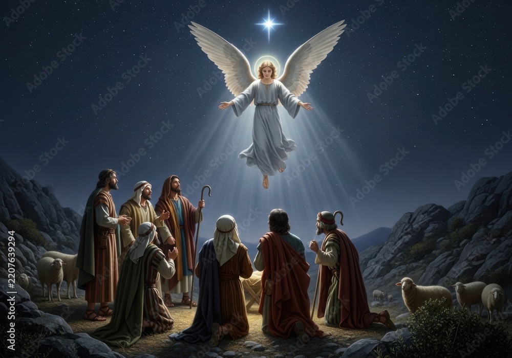 Fototapeta premium Angel Announcing Birth: An angelic being descends from the heavens, radiating light and announcing a divine message to a group of shepherds and their flock under a starry night sky.