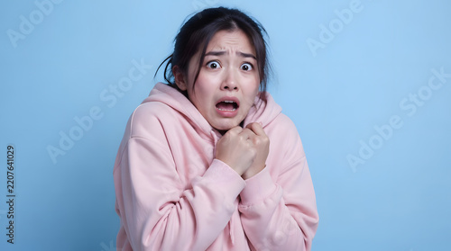 Young Asian woman expressing fear and shock with wide eyes and hands clasped.