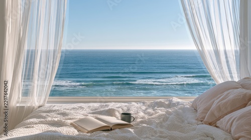 Serene Beachfront Bedroom Oasis with Ocean View and Cozy Bed.