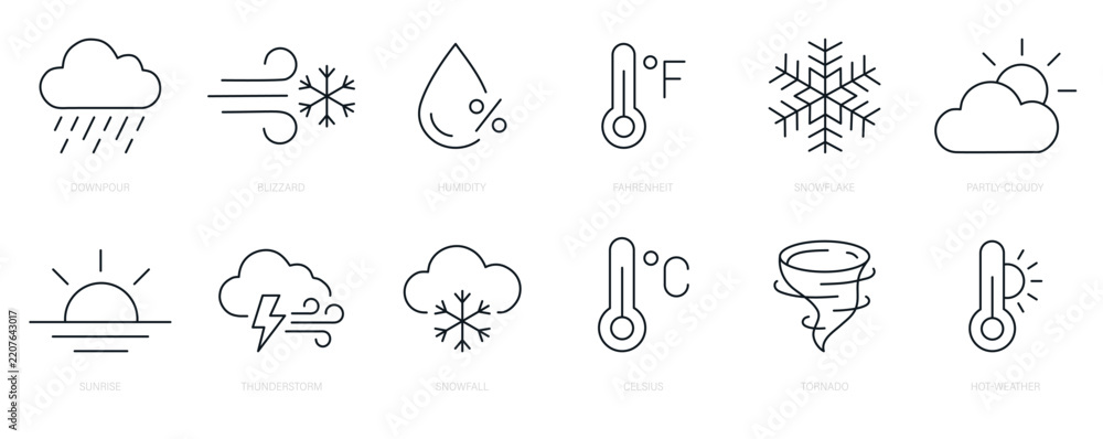Fototapeta premium Weather web icons in line style. Rain, blizzard, humidity, temperature, snowflake, cloudy, sunrise, thunderstorm, snowfall, tornado and hot weather set editable stroke. Vector illustration.