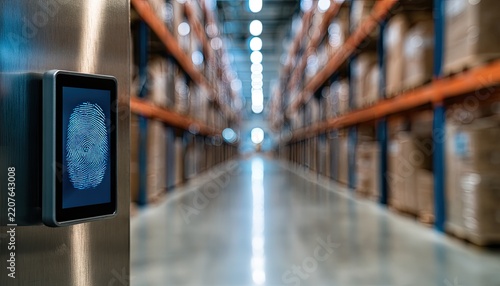 Warehouse Security System with Fingerprint Scanner at Entrance.