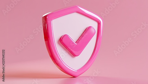 3D Pink Shield with Checkmark Icon on Pastel Background.