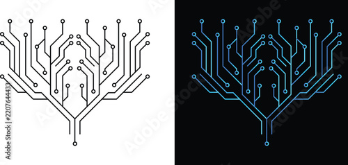 Abstract digital circuit board tree pattern, futuristic technology background with symmetrical electronic lines and nodes