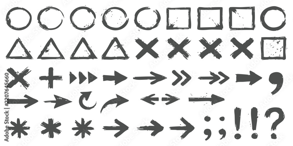 Fototapeta premium Set of black hand drawn ink brush shapes arrows circles squares crosses and punctuation marks for design work