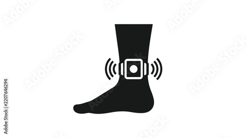 Black vector graphic illustration showing ankle monitor device attached to human leg