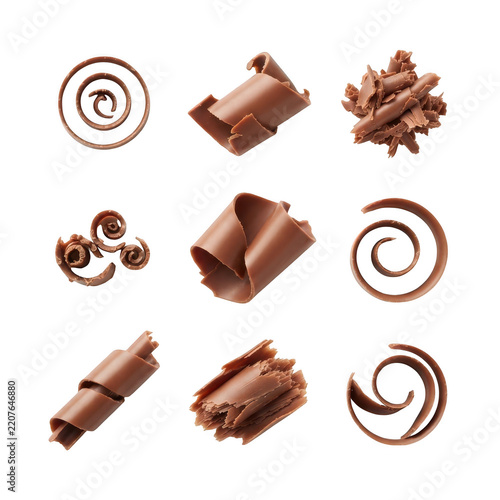 Collection of various chocolate curls and shavings isolated on transparent background