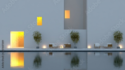 Modern architectural exterior with water feature and minimalist design