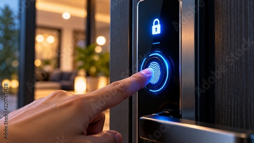 Hand scanning fingerprint on smart door lock sensor for biometric home security access
