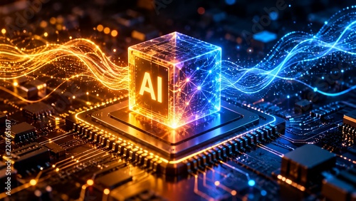 Artificial intelligence AI microchip processor on circuit board with glowing data waves 3d render