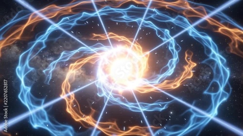 Blue and orange glowing energy spheres interacting in a futuristic scientific environment