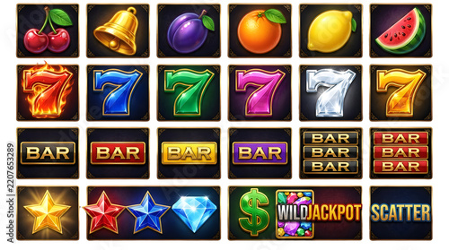Set of colorful slot machine game icons with fruits lucky sevens bar symbols and shiny gems for casino mobile game design