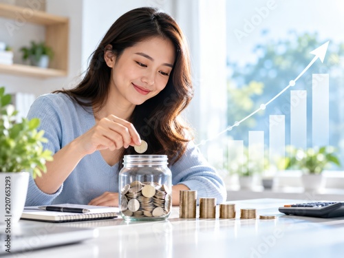 Asian Woman Saving Money with Growing Coins and Financial Growth Concept